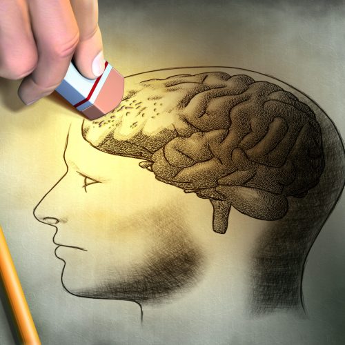 Someone is erasing a drawing of the human brain. Conceptual image relating to dementia and memory loss. Digital illustration.